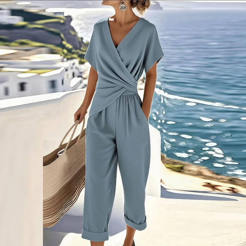 Women's Casual Wrap Cotton Crop Top and Pants Set