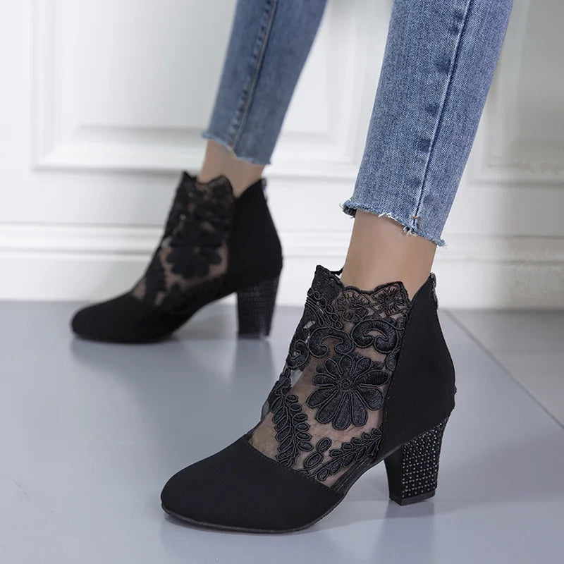 Women's Chic Lace Mesh Pointed Toe Chunky Heel Ankle Boots