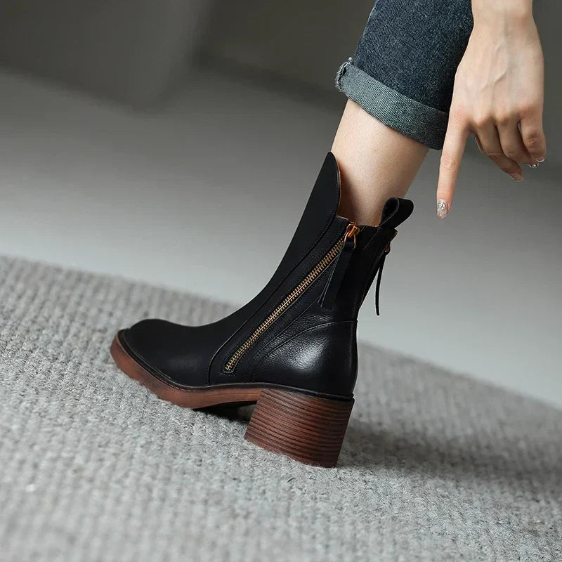 Women's Stylish Leather Zip-Up Block Heel Ankle Boots