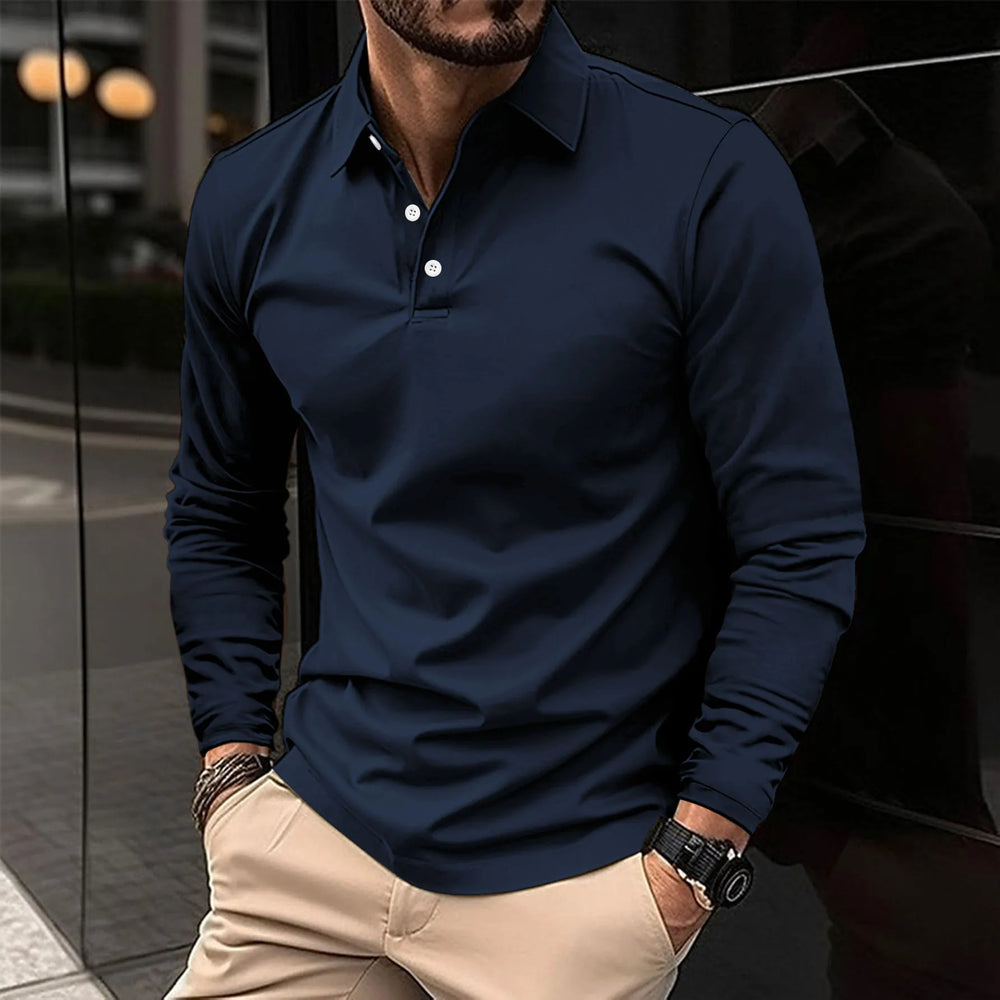 Men's Casual Cotton Long-Sleeve Polo Shirt