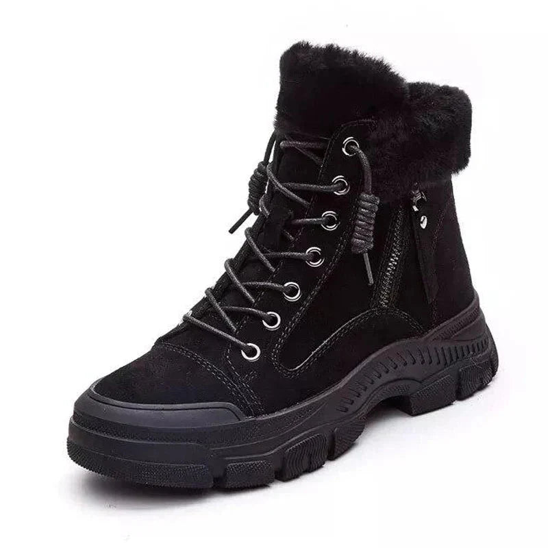 Women's Stylish Leather Fur-Lined Ankle Boots with Lace-Up and Side
