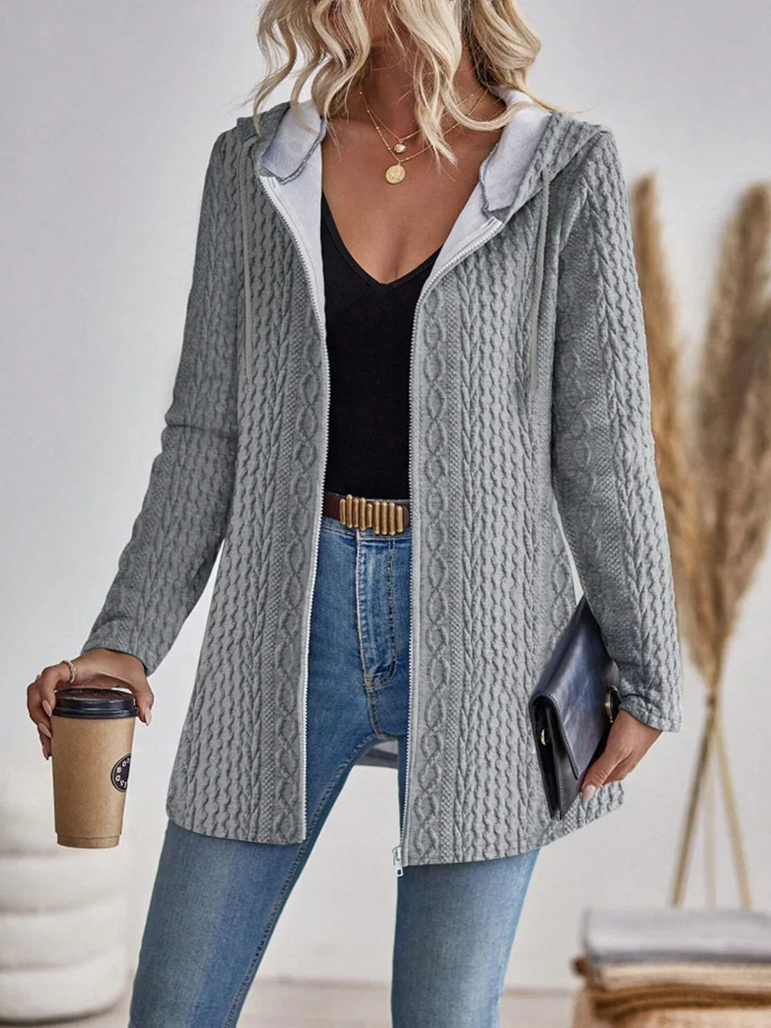 Women's Casual Cable Knit Zip-Up Hooded Cardigan