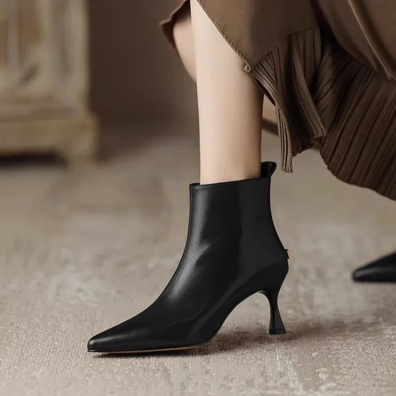 Women's Stylish Ankle Leather Boots with Slim Heel