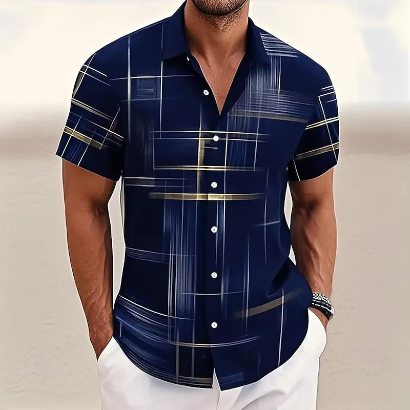 Men's Modern Cotton Short Sleeve Shirt with Line Print