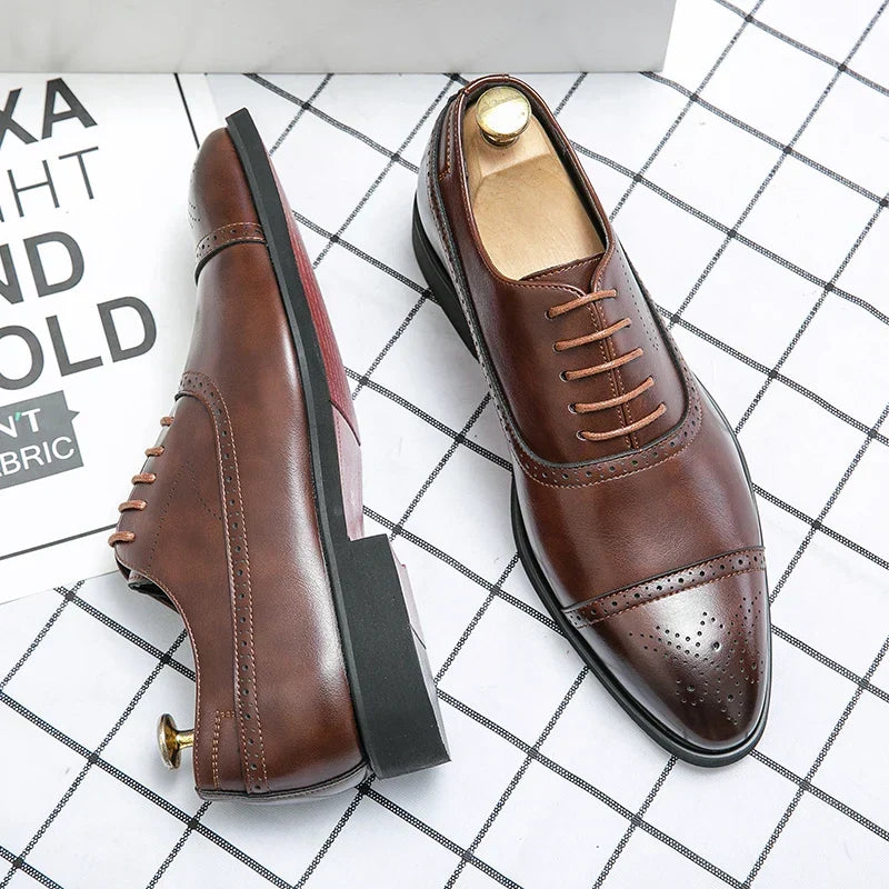 Men's Classic Leather Lace-Up Dress Shoes with Perforated Toe