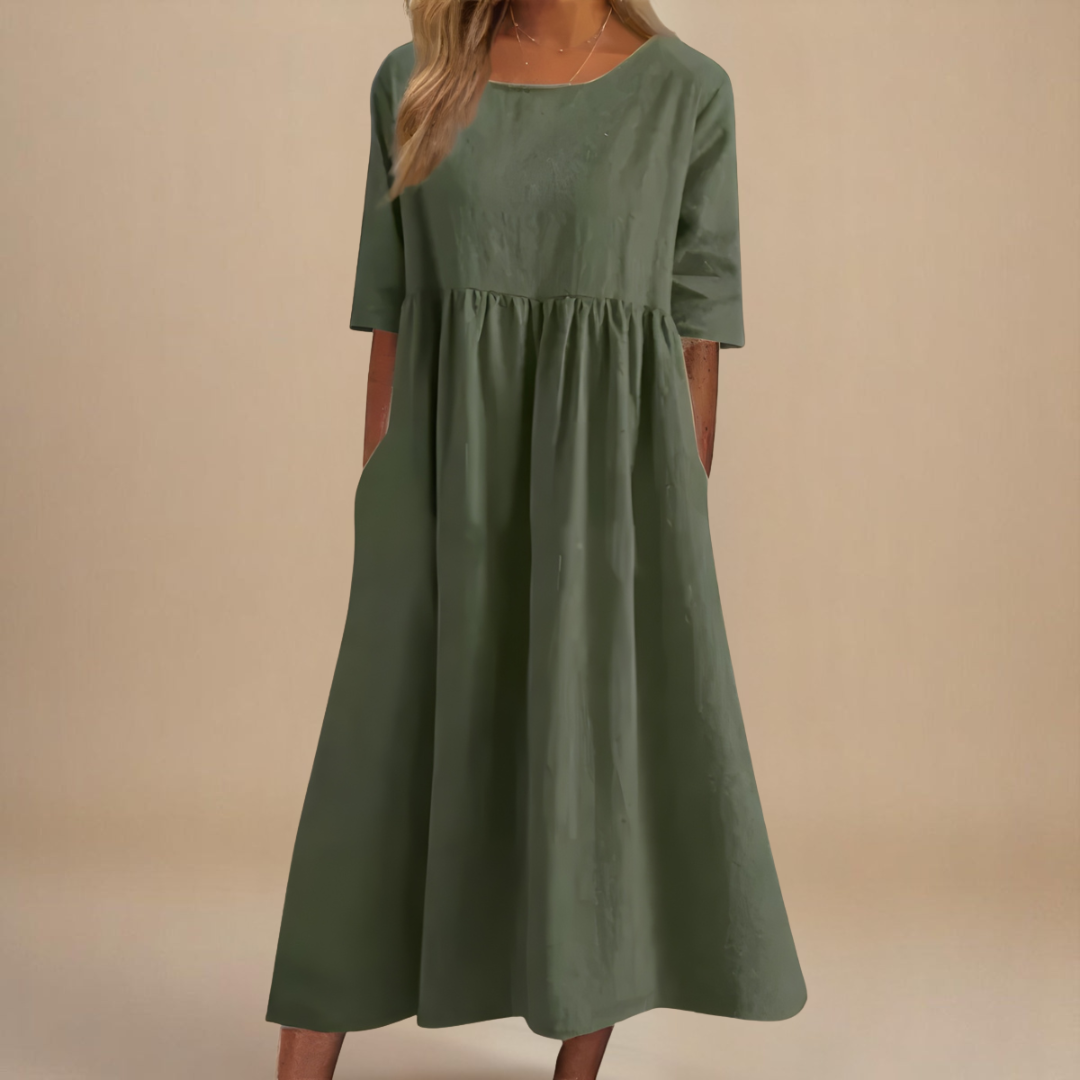 Women's Casual Linen Gathered Waist Midi Dress