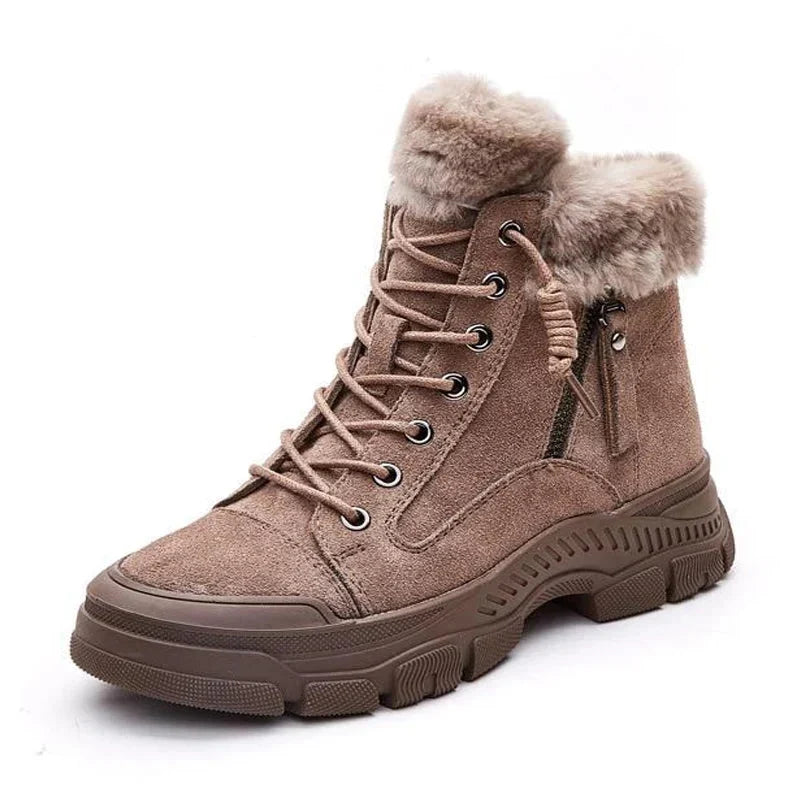 Women's Stylish Leather Fur-Lined Ankle Boots with Lace-Up and Side