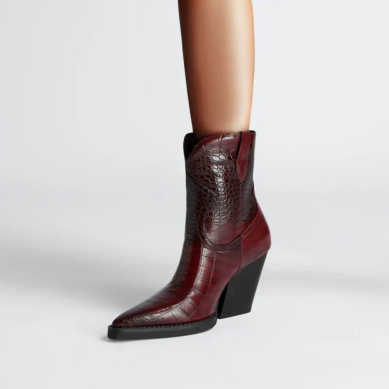Women's Classic Pointed Toe Leather Block Heel Boots