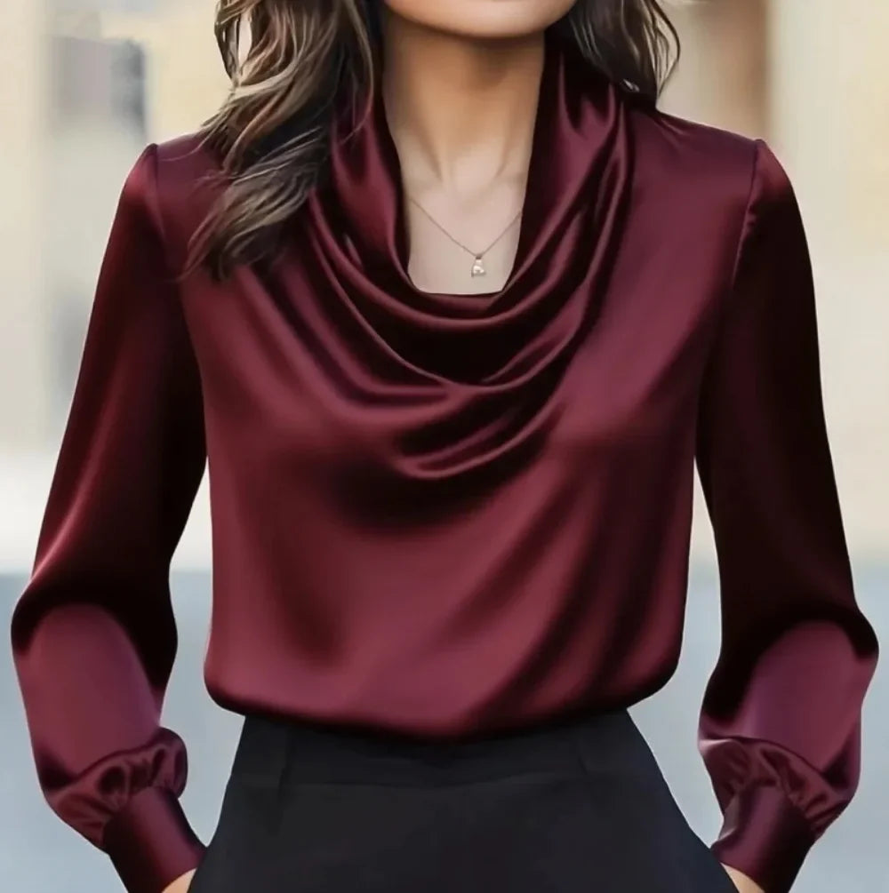 Women's Elegant Satin Cowl Neck Blouse with Fitted Cuffs