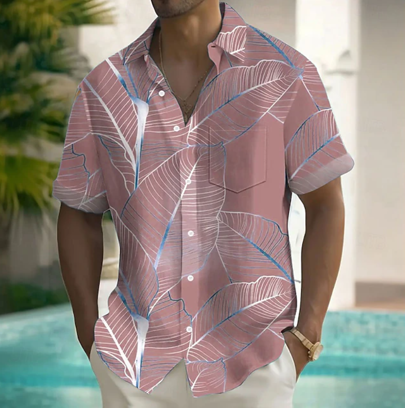 Men's Casual Cotton Relaxed Short-Sleeve Shirt with Botanical Print