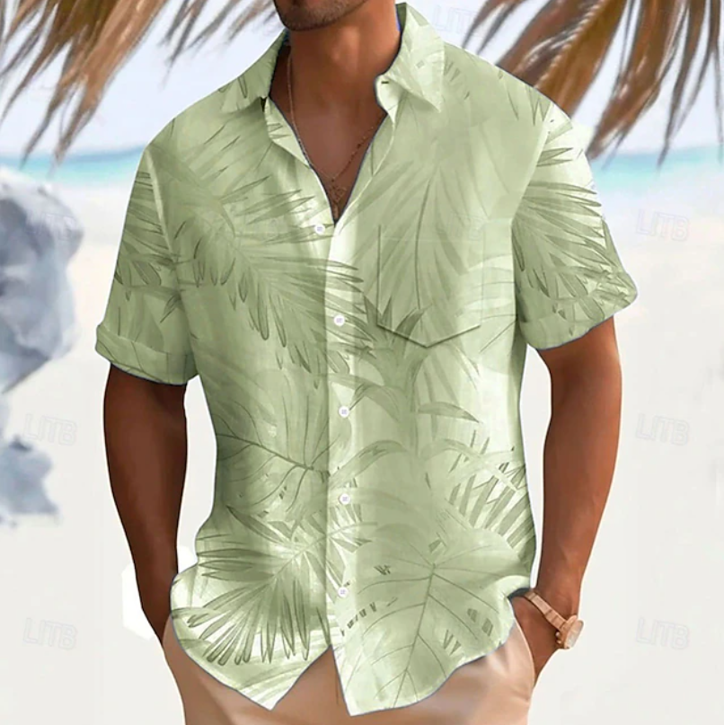 Men's Casual Cotton Tropical Print Short Sleeve Shirt