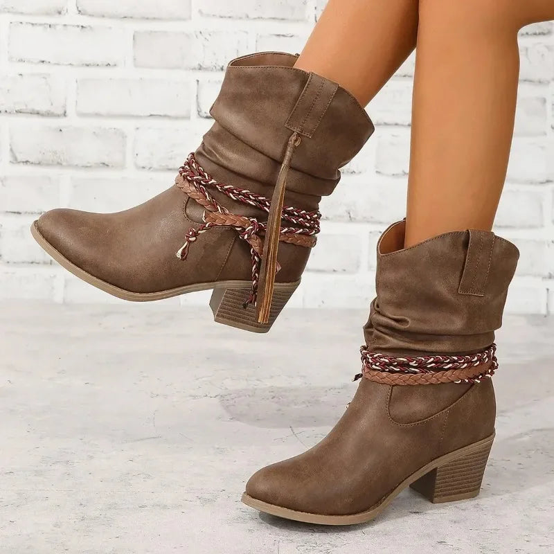 Women's Stylish Leather Round Toe Braided Tassel Ankle Boots