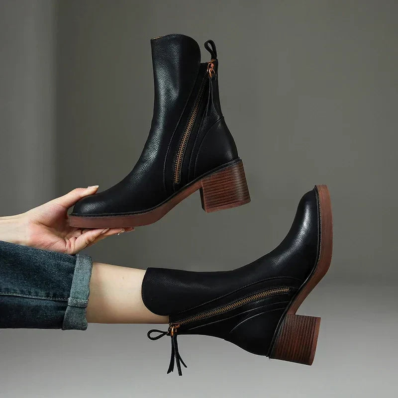 Women's Stylish Leather Zip-Up Block Heel Ankle Boots