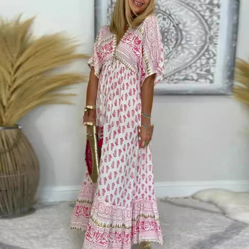 Women's Boho Print Cotton Maxi Dress with Short Sleeves in Pink