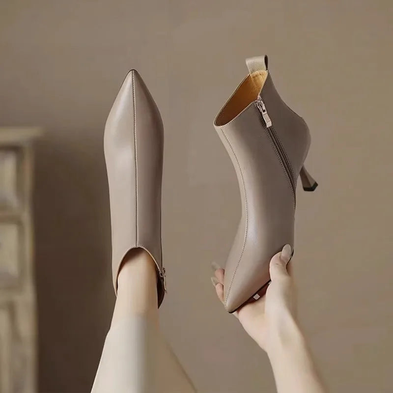 Women's Stylish Ankle Leather Boots with Slim Heel