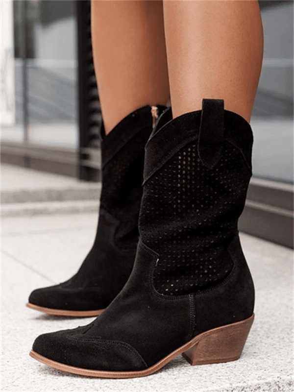 Women's Stylish Suede Perforated Block Heel Cowboy Boots