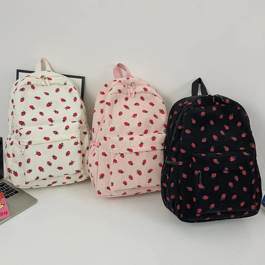 Women's Casual Canvas Backpack with Strawberry Print