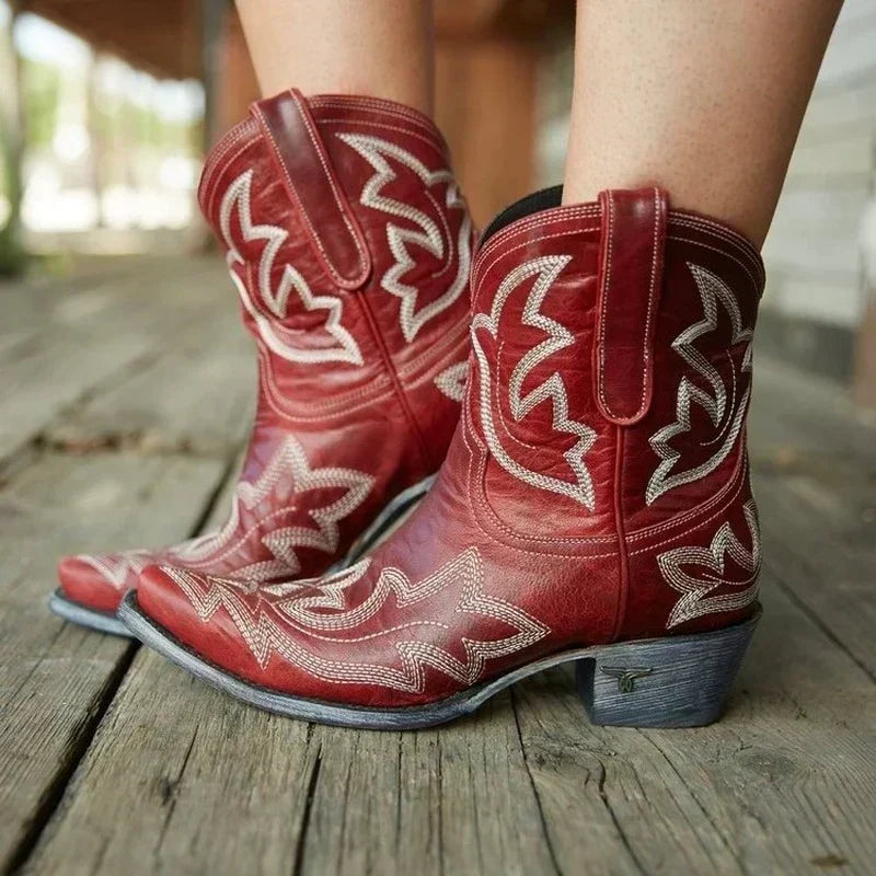 Women's Stylish Embroidered Leather Ankle Booties