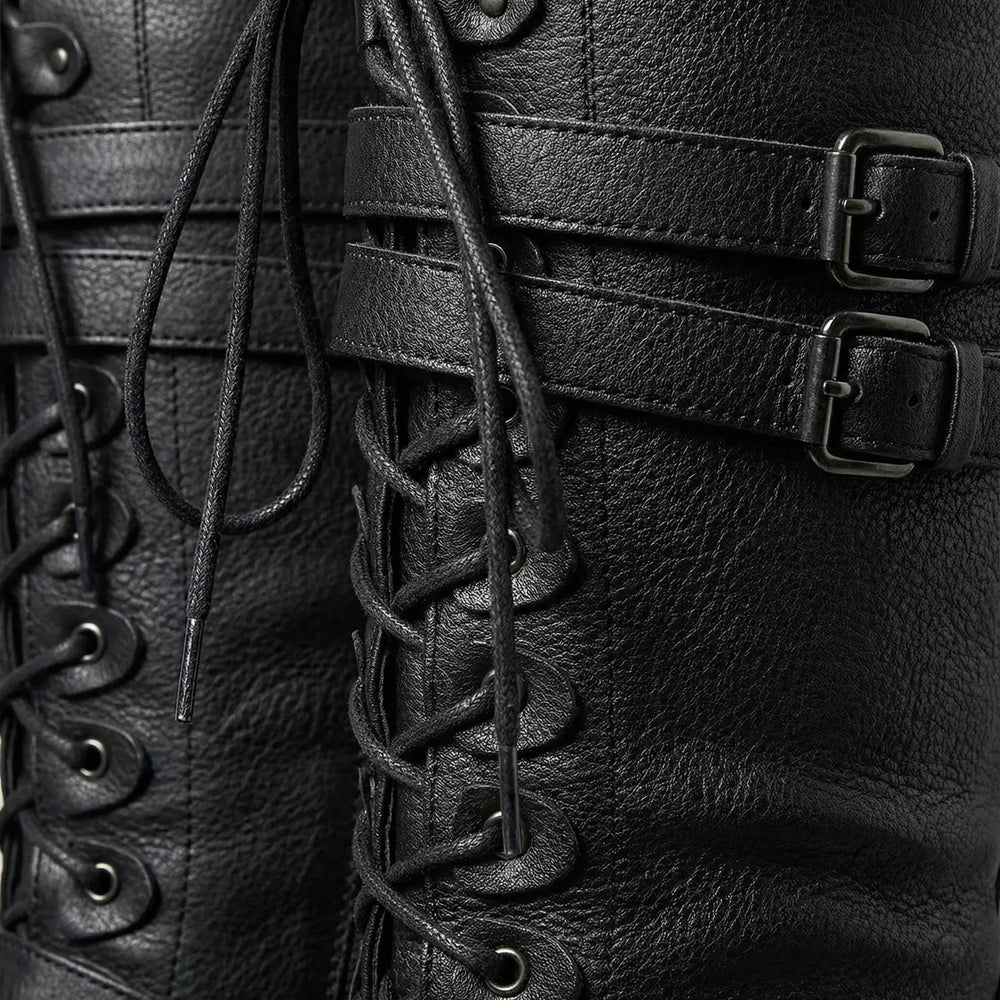 Women's Stylish Leather Knee-High Combat Boots with Lace-Up
