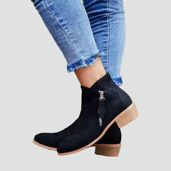 Women's Stylish Leather Pointed Toe Side Zip Block Heel Ankle Boots