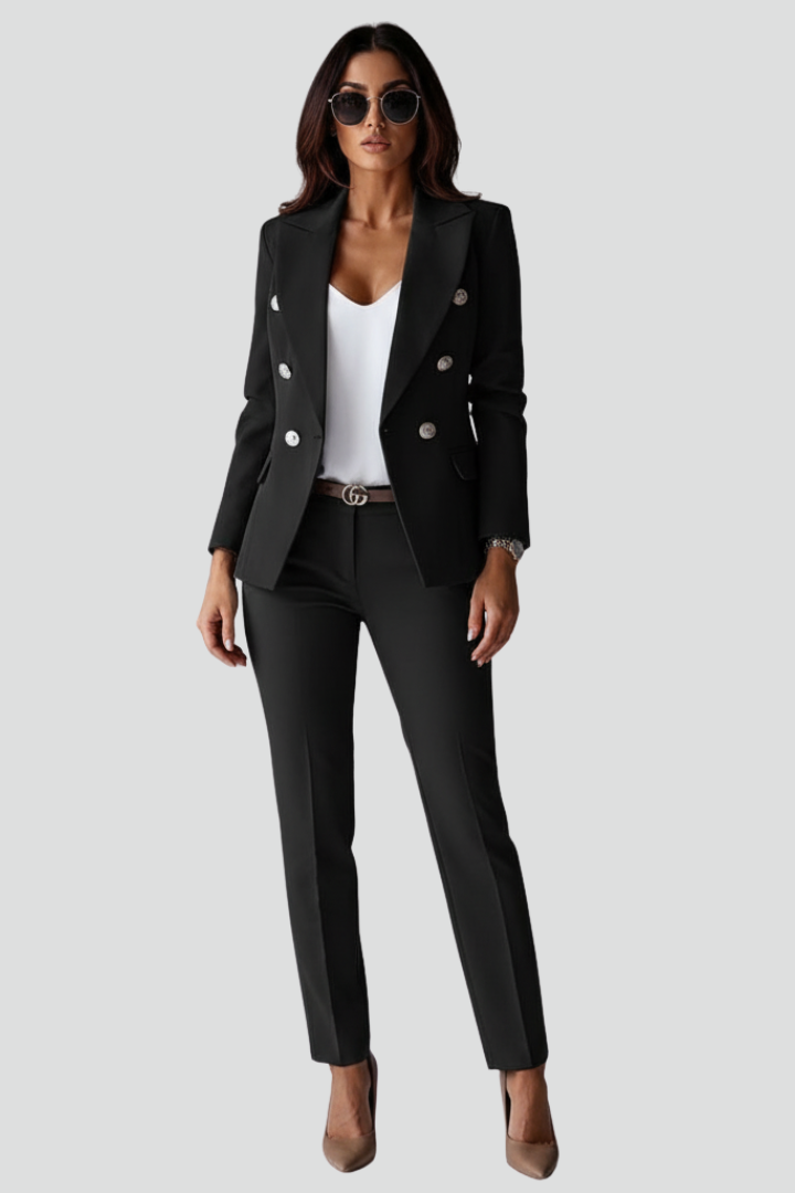 Women's Classic Wool Blend Double-Breasted Blazer and Straight Leg
