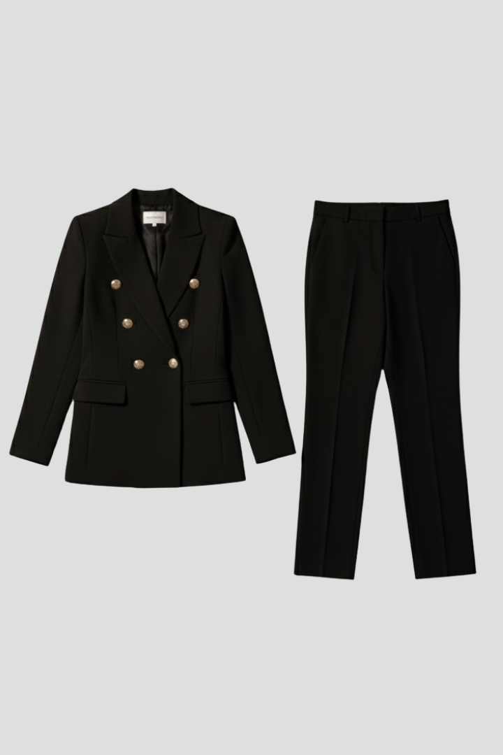 Women's Classic Wool Blend Double-Breasted Blazer and Straight Leg