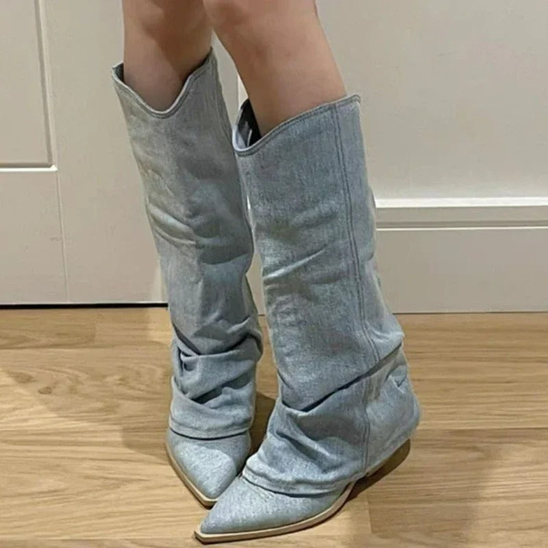 Women's Stylish Denim Slouchy Western Cowgirl Boots