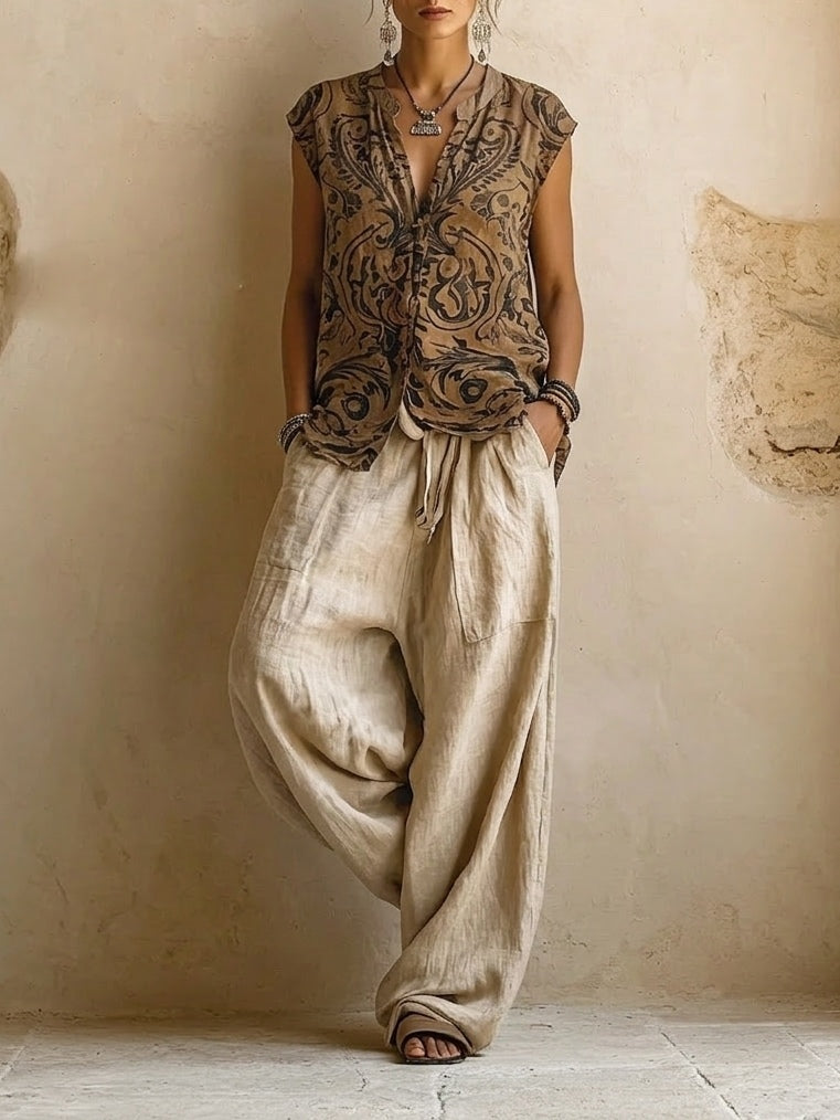Women's Casual Cotton Linen Wide Leg Pants Set with Boho Print