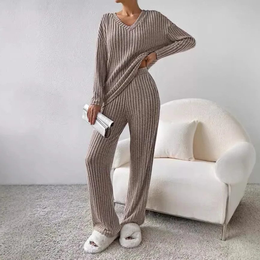Women's Casual Ribbed Knit V-Neck Sweater Set