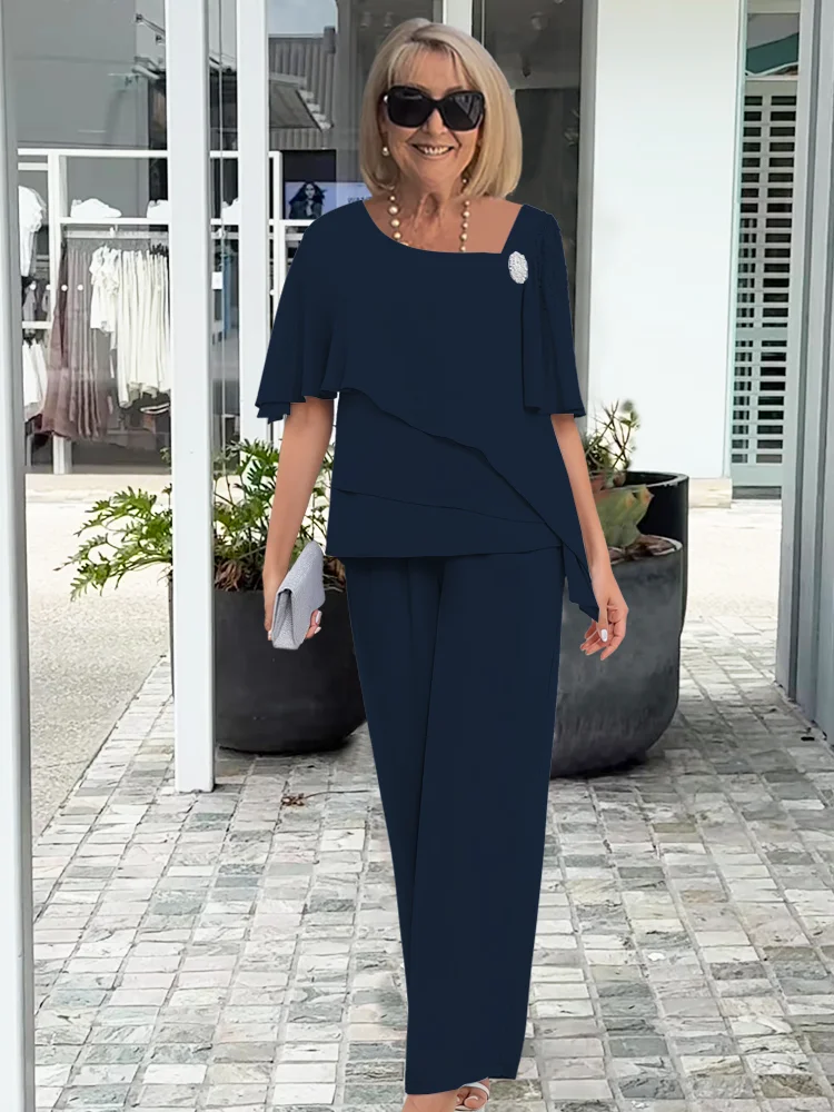 Women's Casual Cropped Cotton Pant Set with Ruffled Short Sleeves