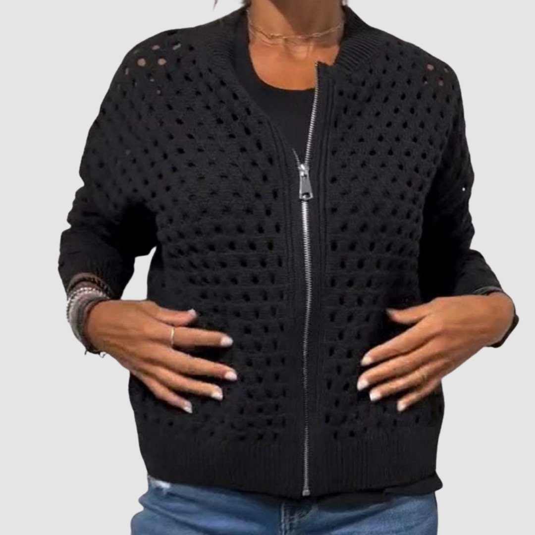 Women's Casual Open Knit Zip Cotton Cardigan