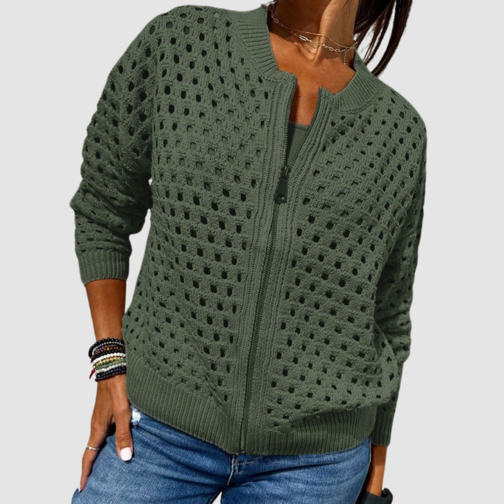 Women's Casual Open Knit Zip Cotton Cardigan
