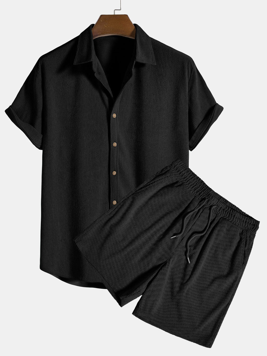 Men's Casual Cotton Short Sleeve Button-Down Shirt and Drawstring