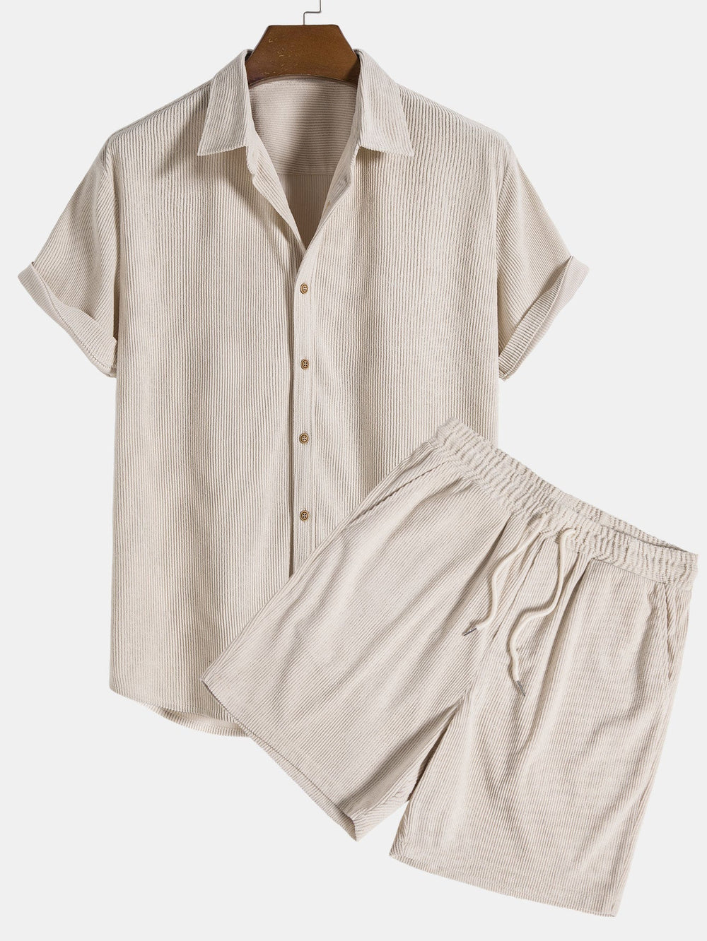 Men's Casual Cotton Short Sleeve Button-Down Shirt and Drawstring