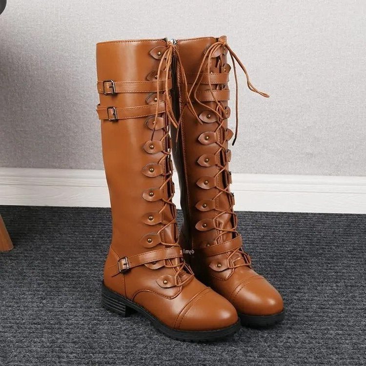 Women's Classic Leather Lace-Up Knee High Boots with Buckle Straps