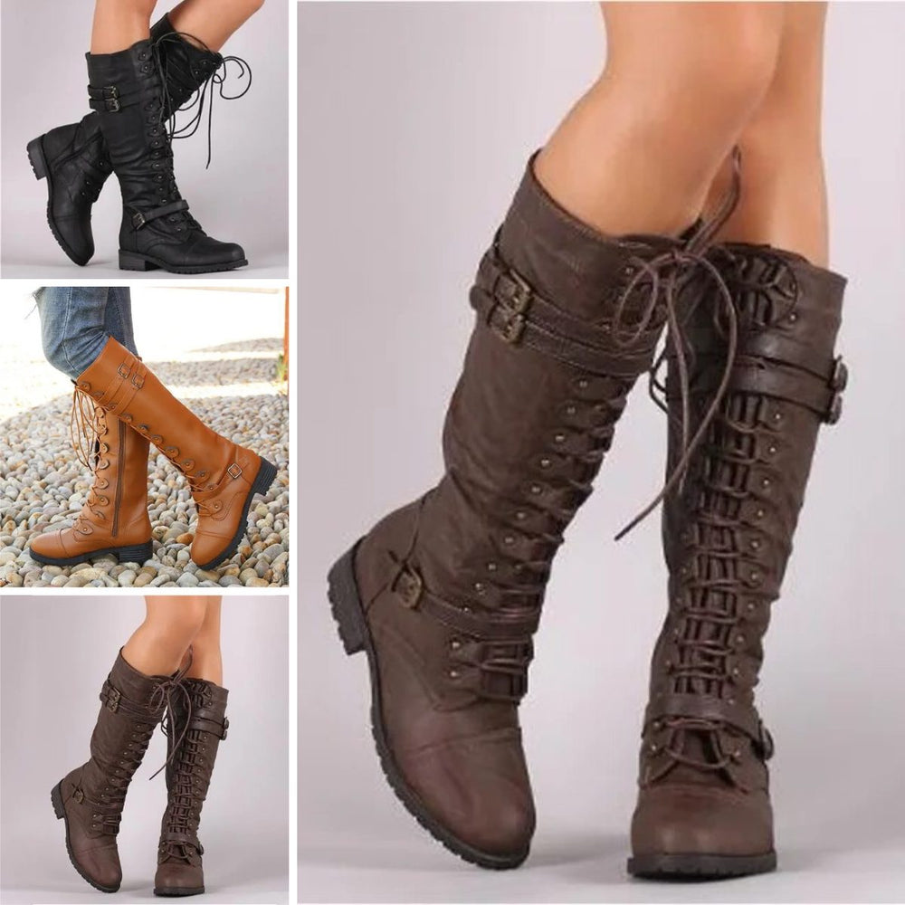 Women's Classic Leather Lace-Up Knee High Boots with Buckle Straps