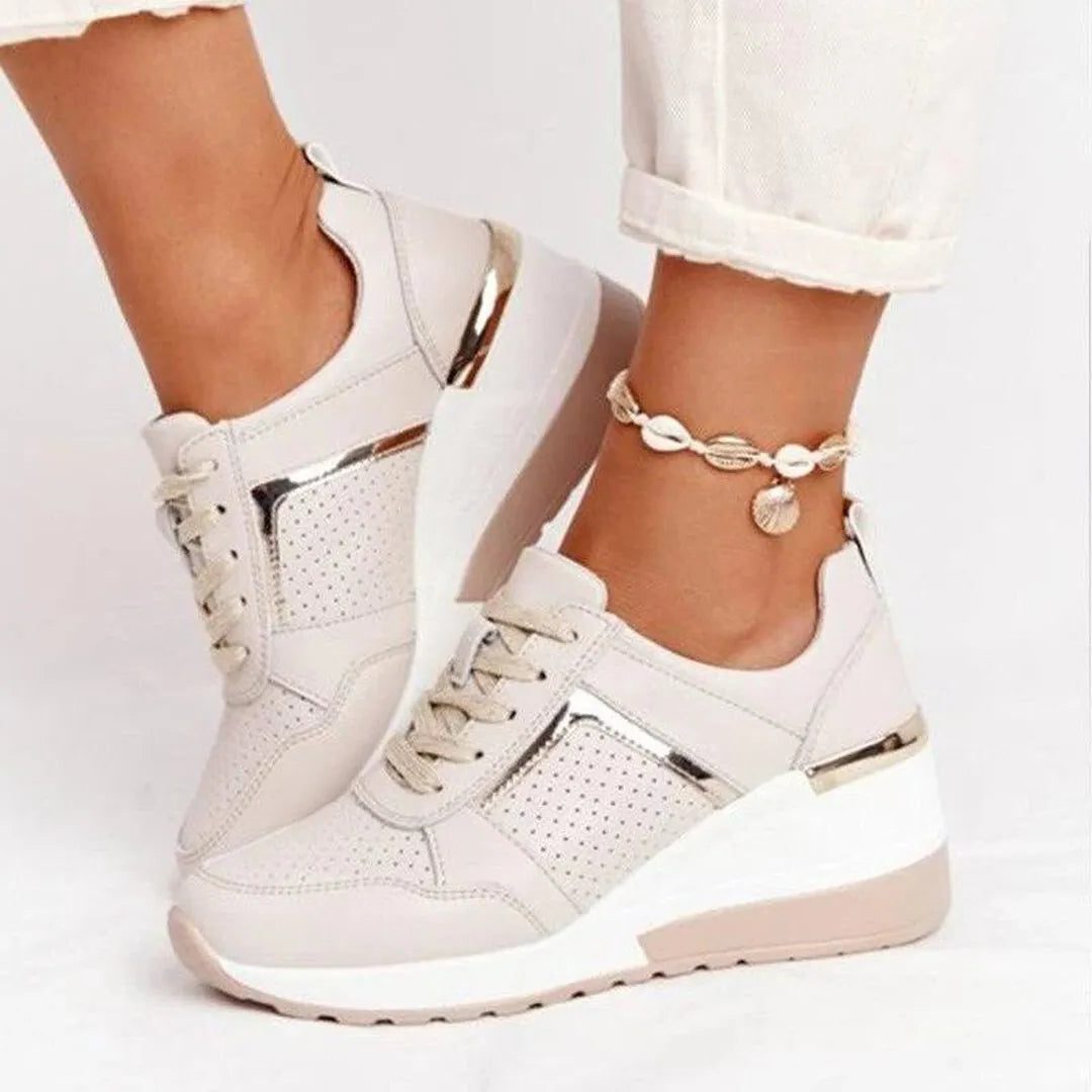 Women's Casual Leather Lace-Up Perforated Sneakers