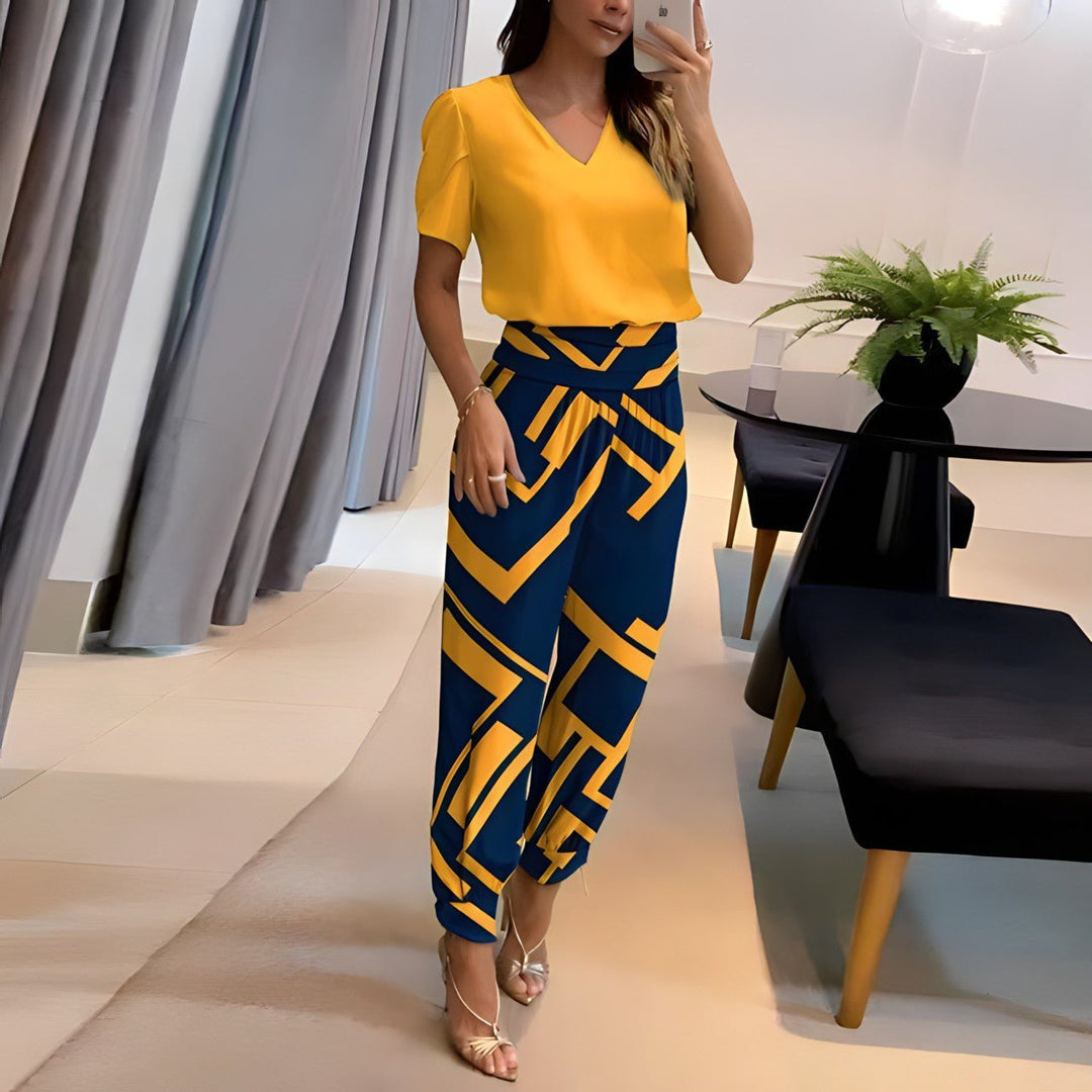 Women's Casual V-Neck Short Sleeve Pant Set