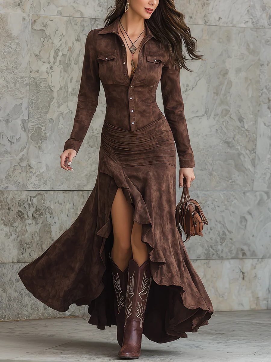 Women's Casual Suede Button-Down Maxi Dress