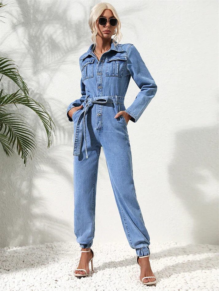Women's Casual Denim Long Sleeve Relaxed Jumpsuit with Belt Jeans