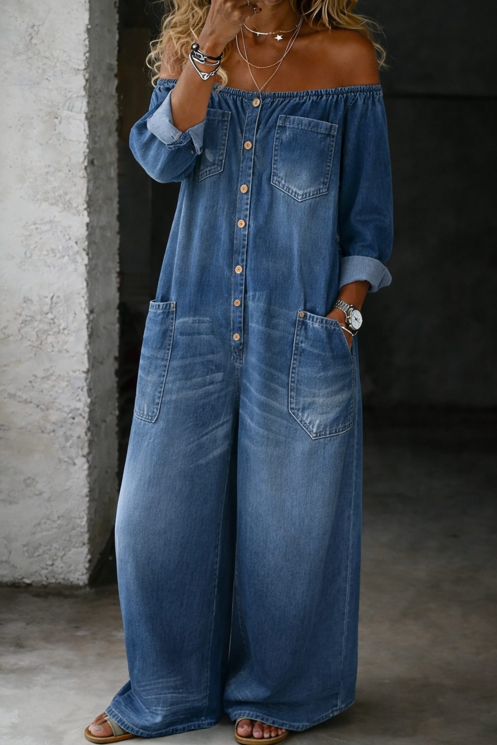Women's Casual Denim Off-Shoulder Long Sleeve Jumpsuit
