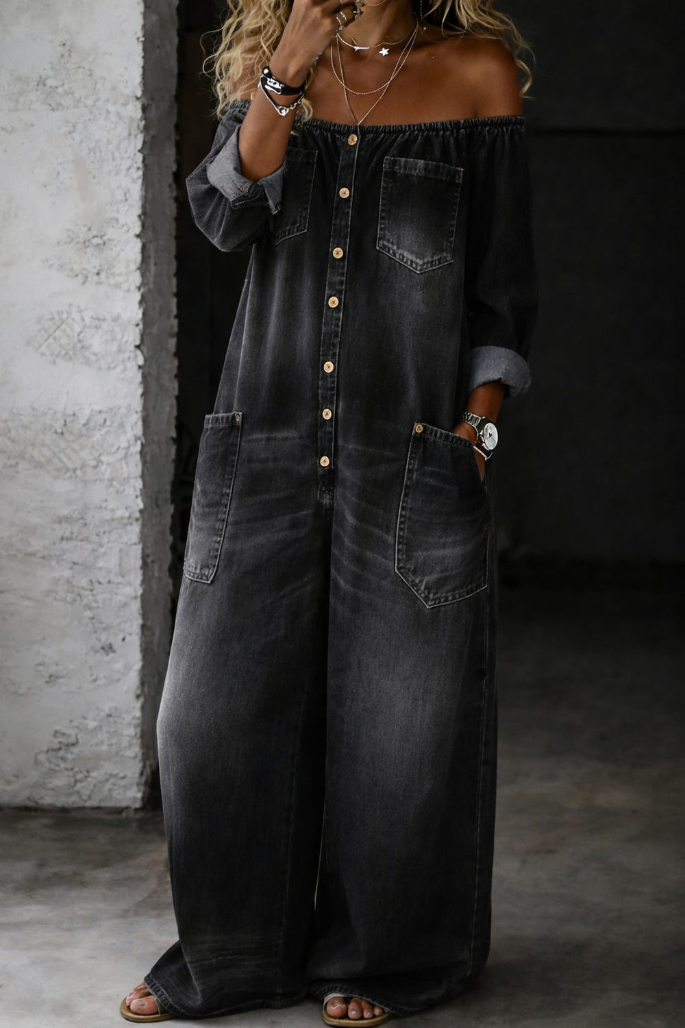 Women's Casual Denim Off-Shoulder Long Sleeve Jumpsuit