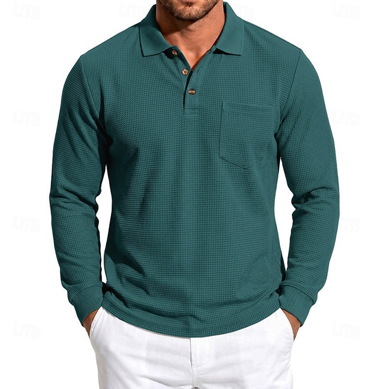 Men's Casual Textured Long-Sleeve Polo Shirt
