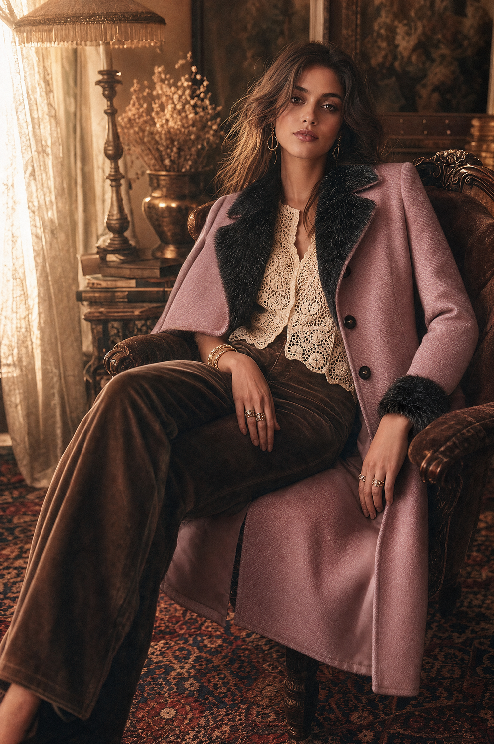 Women's Vintage Slim-Fit Plush Trim Mid-Length Coat