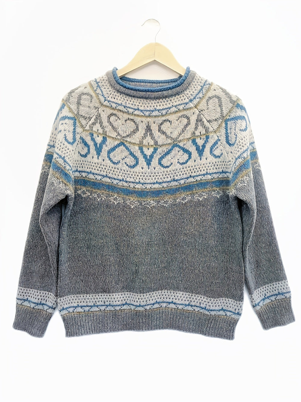Women's Classic Wool Blend Nordic Yoke Sweater with Ribbed Hem