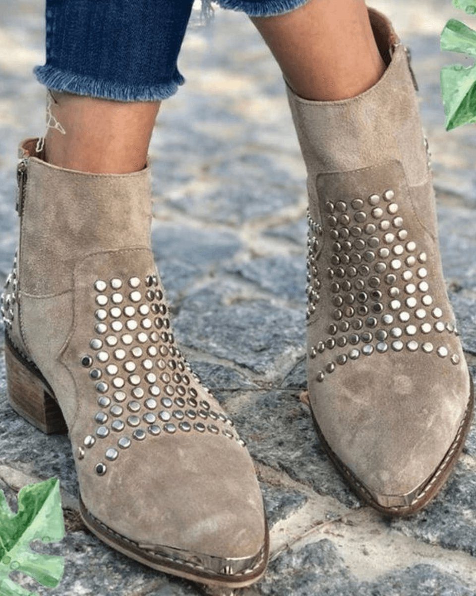 Women's Stylish Suede Block Heel Ankle Boots with Studs Beige
