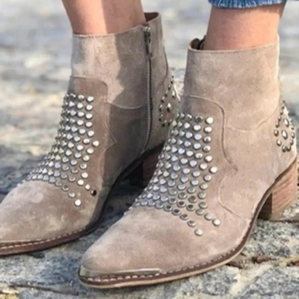 Women's Stylish Suede Block Heel Ankle Boots with Studs Beige