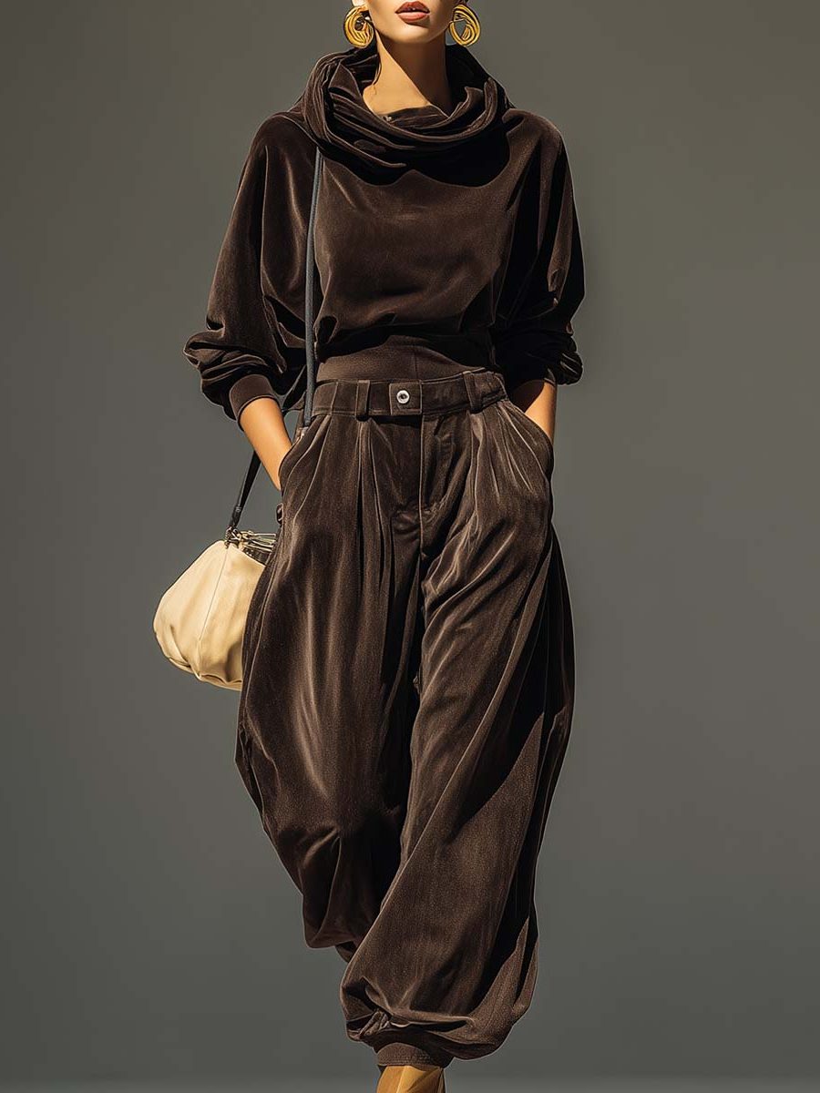 Women's Elegant Velvet Sweater Dress with Wide Leg Pants Set