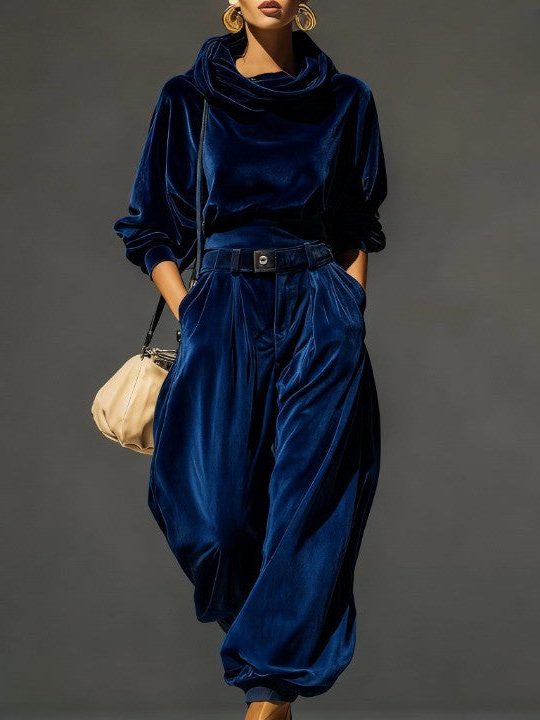 Women's Elegant Velvet Sweater Dress with Wide Leg Pants Set