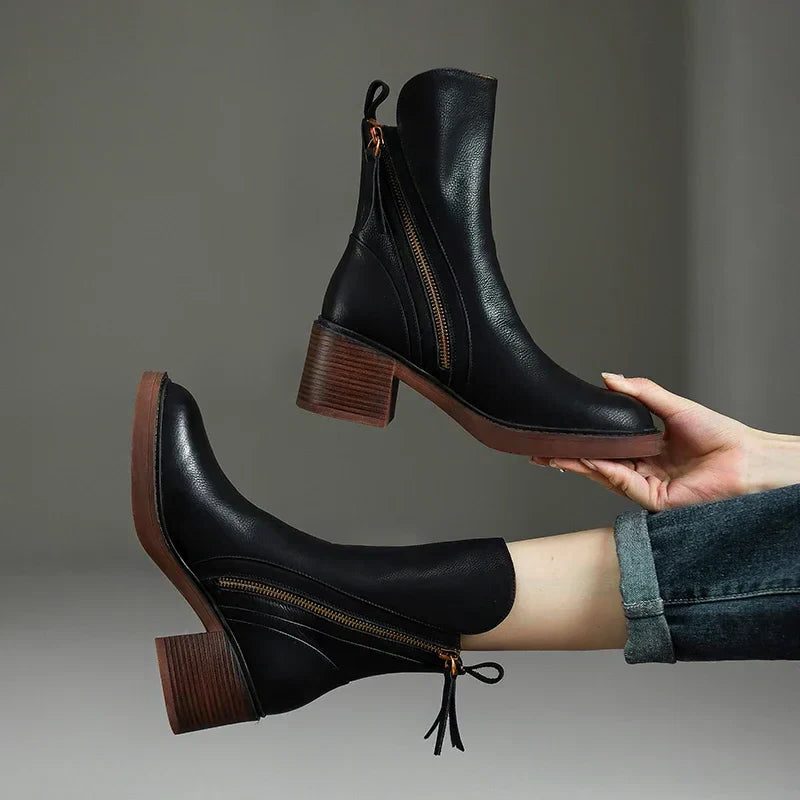 Women's Stylish Leather Zip Block Heel Ankle Boots
